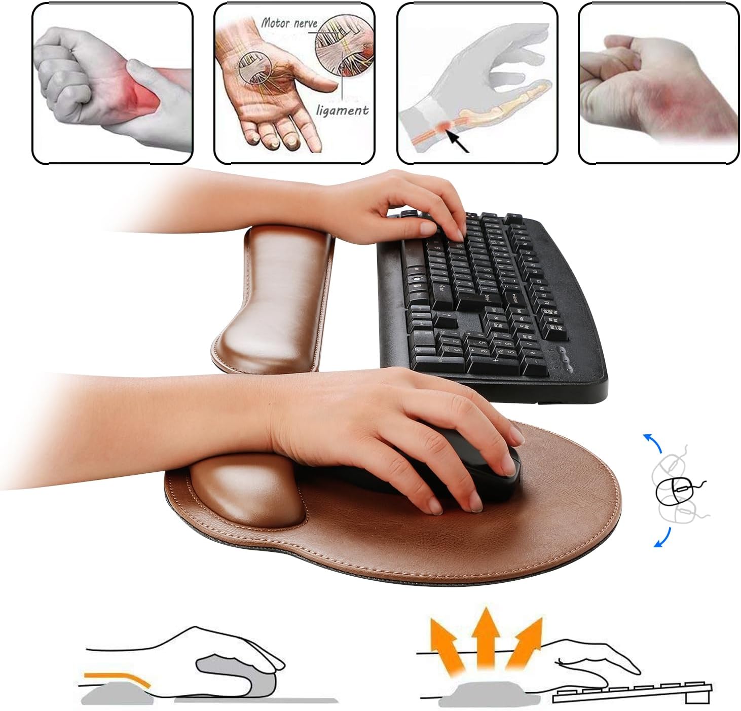 RICHEN Ergonomic PU Leather Keyboard Wrist Rest and Mouse Pad with Wrist Support, Memory Foam Set for Computer/Laptop,Gaming and Office, Comfortable for Easy Typing & Pain Relief (PU Brown) - Image 5
