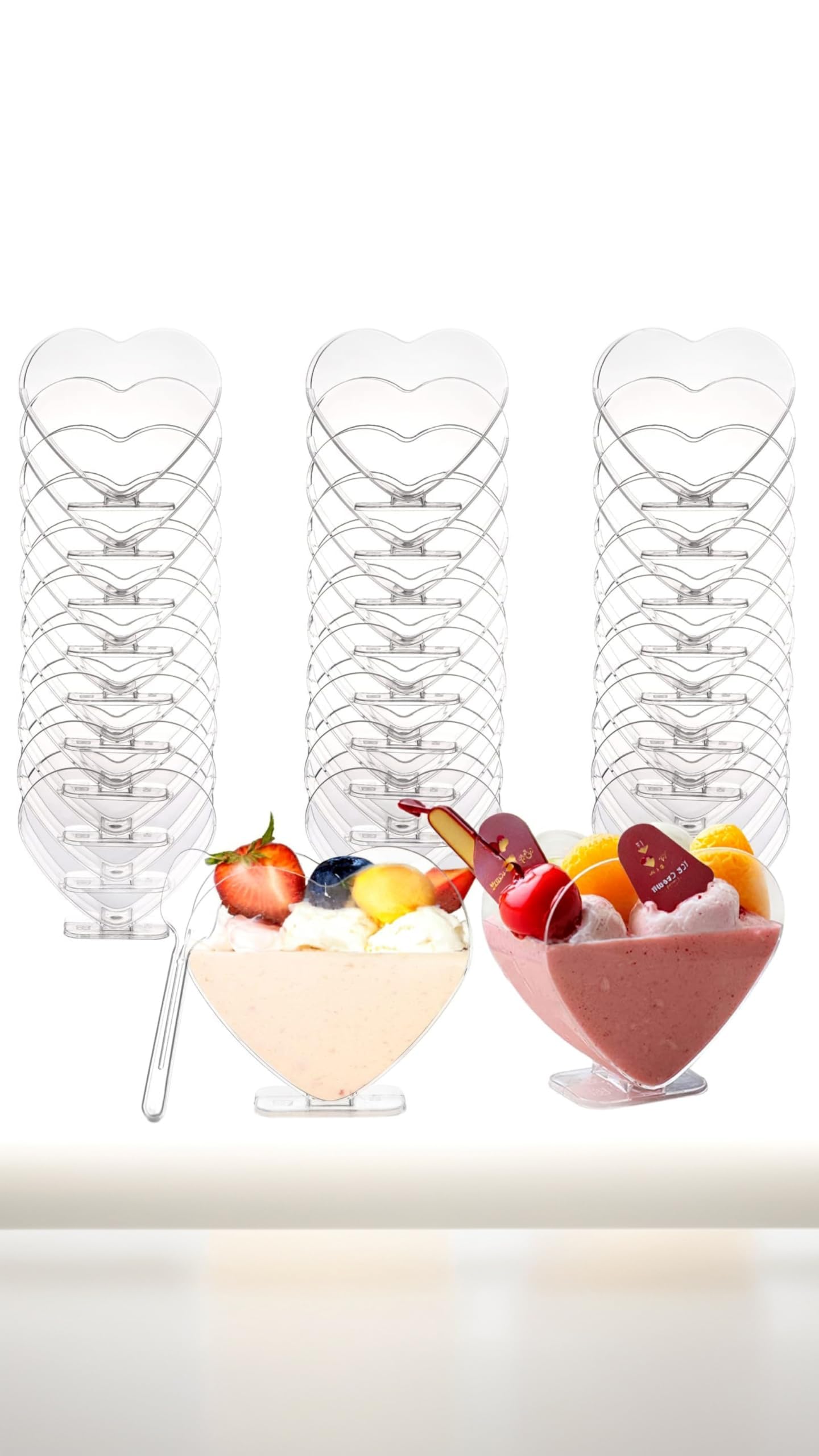 Sweet seven 100 Pack 4 Oz Heart-Shaped Plastic Mini Dessert Cups with Spoon - Clear Parfait Appetizer Bowls for Cakes, Ice Cream, Parties, and Weddings