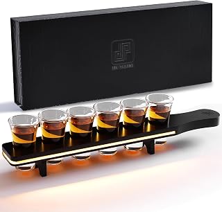 LED Shot Glass Tray - Modern Black Holder with Built-In Edge Lighting, 6 Heavy Base 2oz Glasses, Magnetic Gift Box - Party Nightlife Serving Set for Tequila Vodka Whiskey
