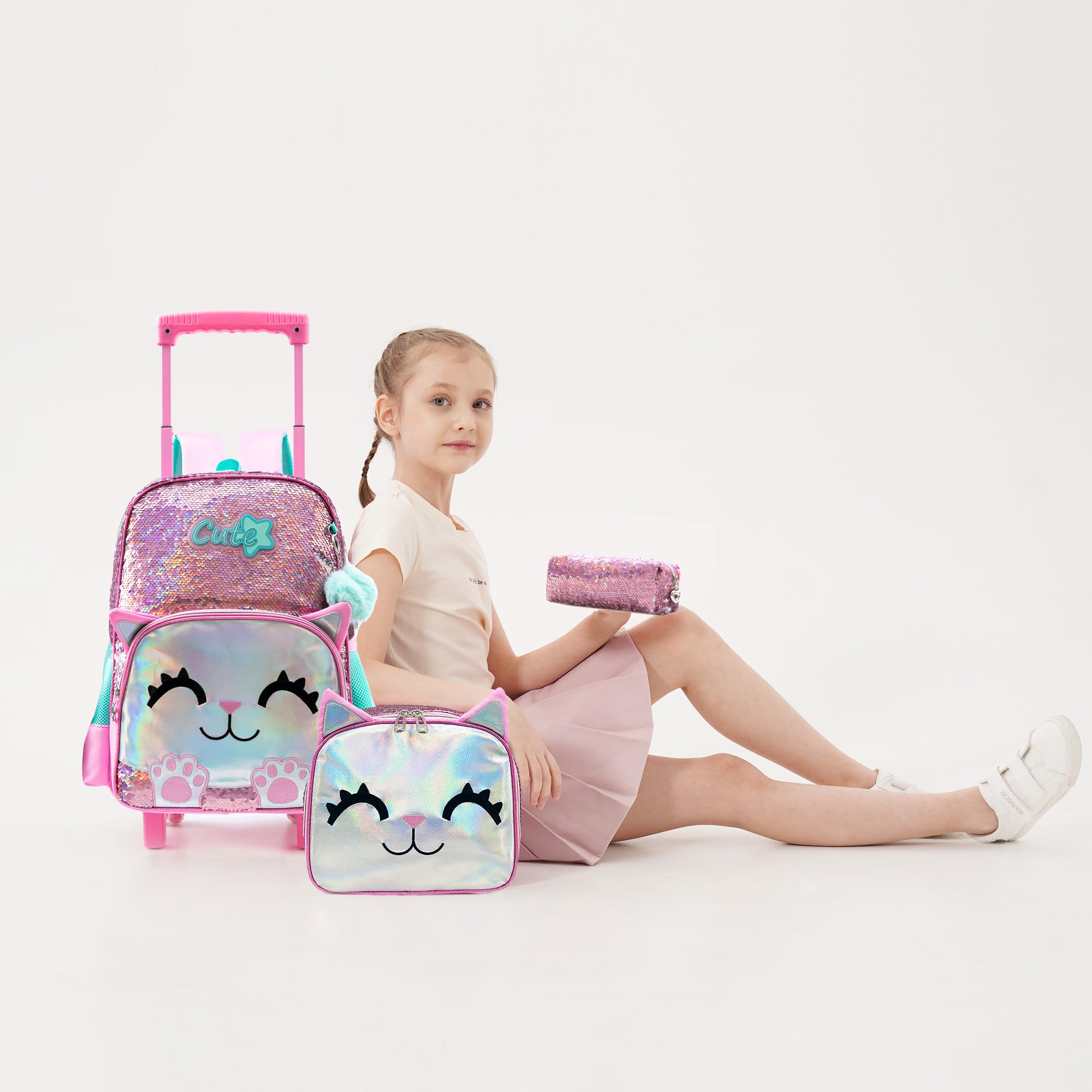 Meetbelify Zaino mobile per ragazze zaino della scuola di gatto rosa carino con le ruote bambini Sequin rullo bagagli per gli studenti della scuola elementare pranzo per ragazze
