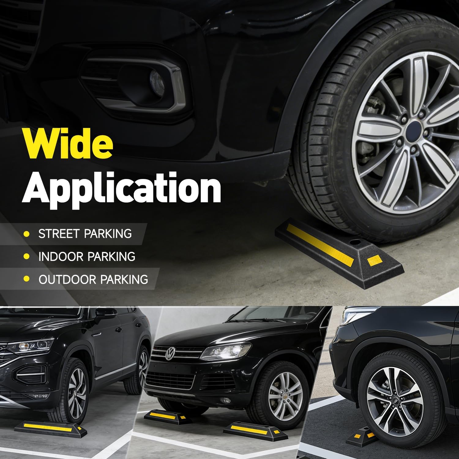 DNA Motoring Heavy Duty 2 Pack Garage Parking Aid, 21" Parking Stopper for Garage, Car Curb Floor Parking Lot Wheel Tire Stops Bumpers, w/Reflective Yellow Tape Curb, 21" L x 5.7" W x 3.14" H