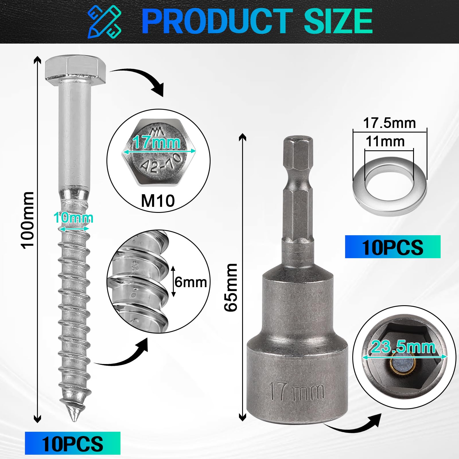 MIGUBIGU Hexagon Wood Screws Stainless Steel M10 x 100 mm with Sealing Washer and Hex Socket Spanner Key Screws Hexagonal Screws Stainless Steel Screws Wood Pack of 10 - Image 2