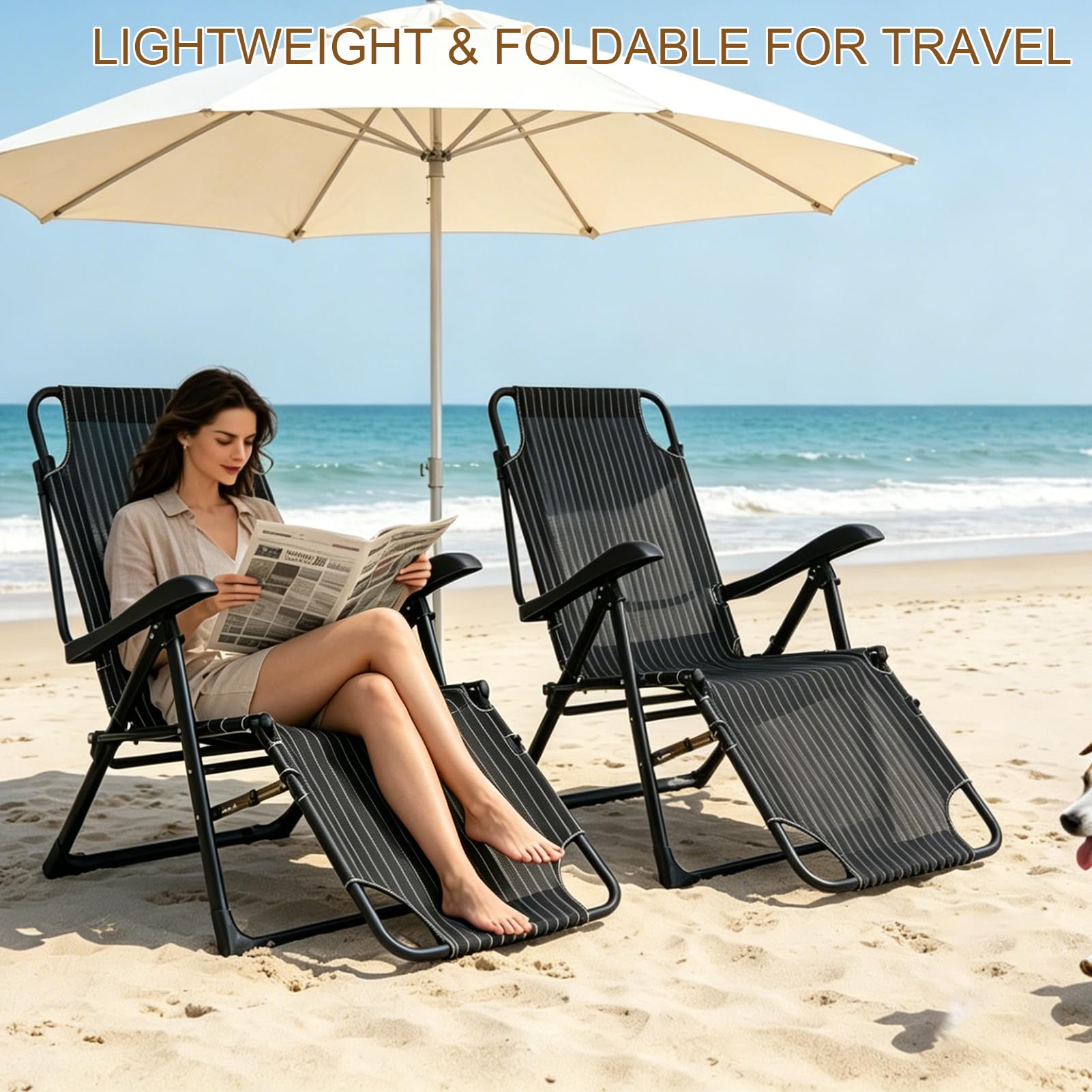 Tumbona plegable ligera, tumbona de jardín plegable con cojín reclinable de 7 posiciones, respaldo ajustable, tumbona de relax exterior con reposabrazos para patio, jardín, playa