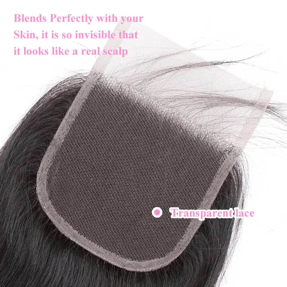 12A Brazilian Straight 4x4 HD Lace Closure Free Part Hand Tied Transparent HD Lace Closure 100% Unprocessed Human Hair Transparent Lace Closures Pre Plucked Natural Black (20 Inch)