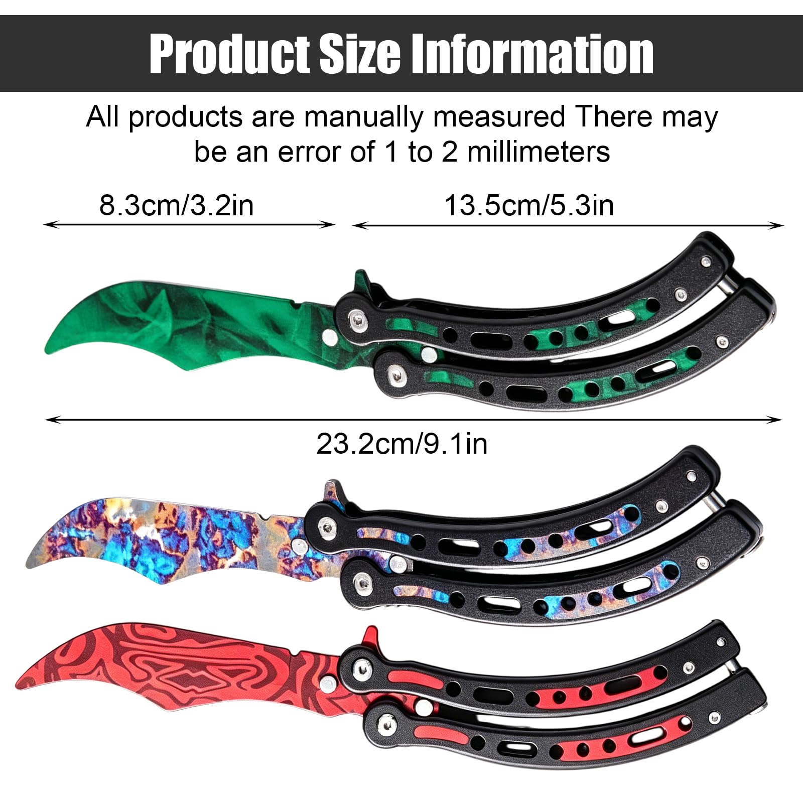 3 Stück Butterfly Trainer: Biegen Butterfly Messer zum Üben Ungeschärfte Klinge, Faltbarer Butterfly Kamm Edelstahl Trainings, AnfäNger-Der Flipping Tricks üBt (Grün + Rot + Farbe)