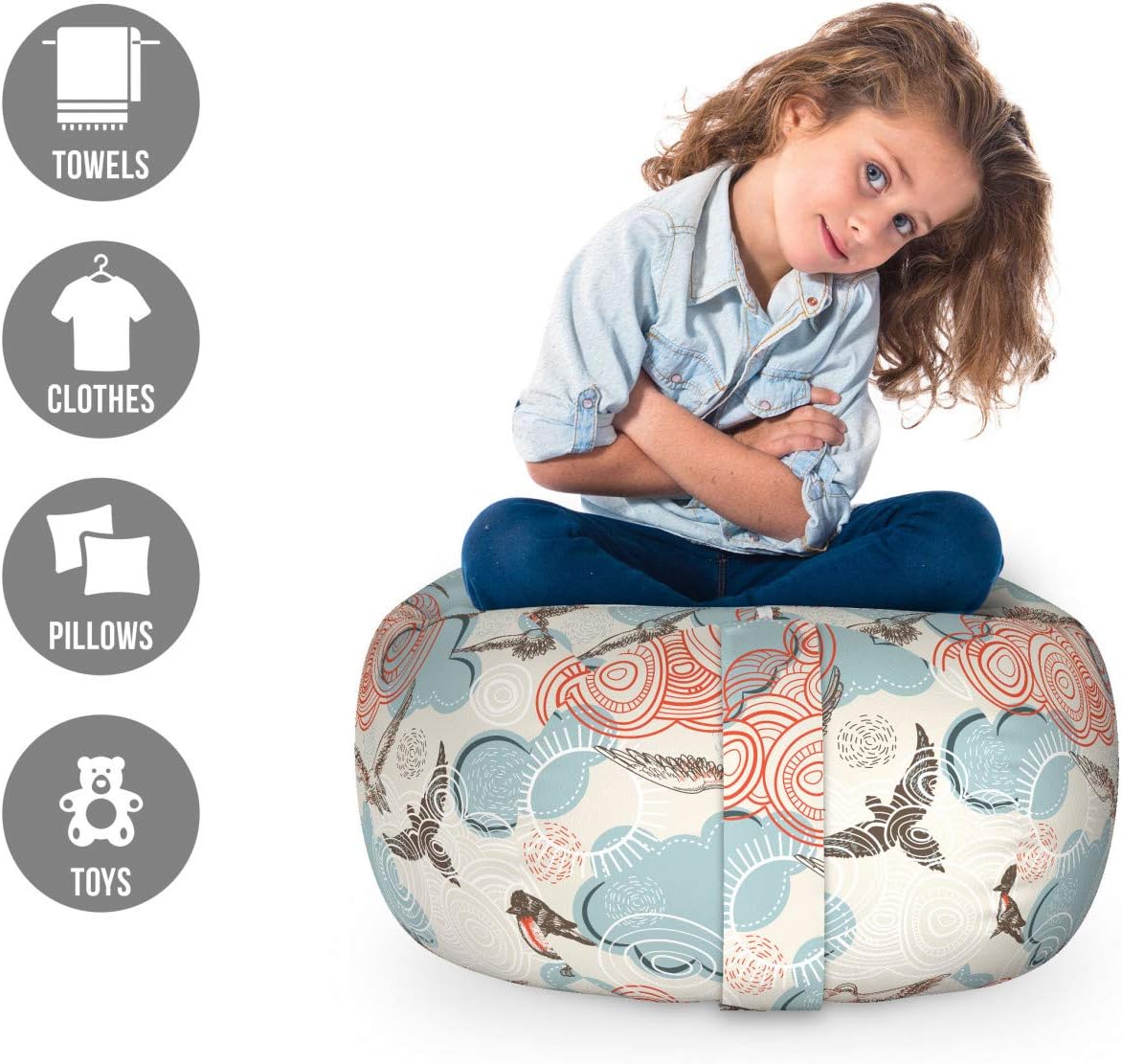 Ambesonne Abstract Storage Toy Bag Chair, Celestial Dashed Theme with Patched Cloud Sparrow Birds and Domestic Pigeons, Stuffed Animal Organizer Washable Bag, Small Size, Multicolor