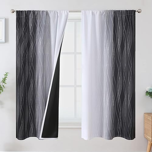 Estelar Textiler Black and Greyish White Ombre Blackout Curtains 63 Inch Length 2 Panels, Thermal Insulated Curtains for Bedroom, Rod Pocket Full Room Darkening Gradient Drapes for Living Room,42Wx63L