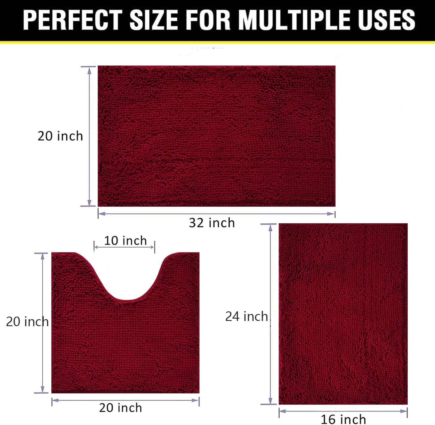 Bathroom Rugs Chenille 3-Piece Extra Soft and Absorbent Shag Bathroom Rugs, Machine Wash Mat, Strong PVC Non-Slip Underside, Plush Carpet Mats (Burgundy) - Image 2