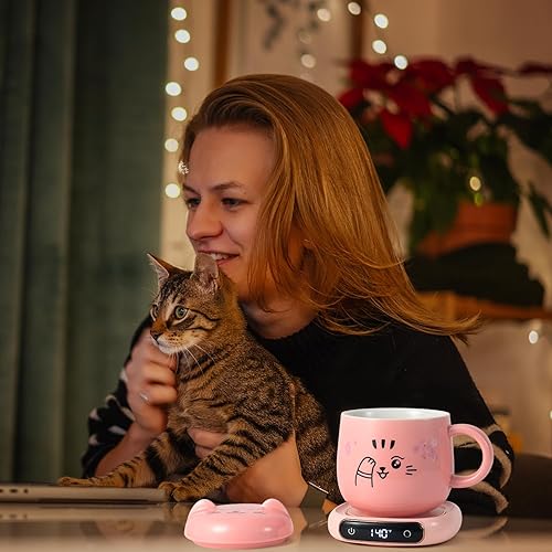 Miniatura 3 de Bsigo Juego de taza de café inteligente con pantalla LED eléctrica y lindo juego de taza de gato para escritorio, calentador de taza de bebidas para