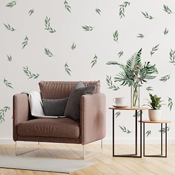 LHIUEM Green Leaves Stickers 56 PCS Boho Decals Sage Green Wallpaper Watercolor Olive Leaf Decals Fresh Leaves Wall Art Greenery Wall Decor Botanical Plants Stickers for Living Room Bedroom Office