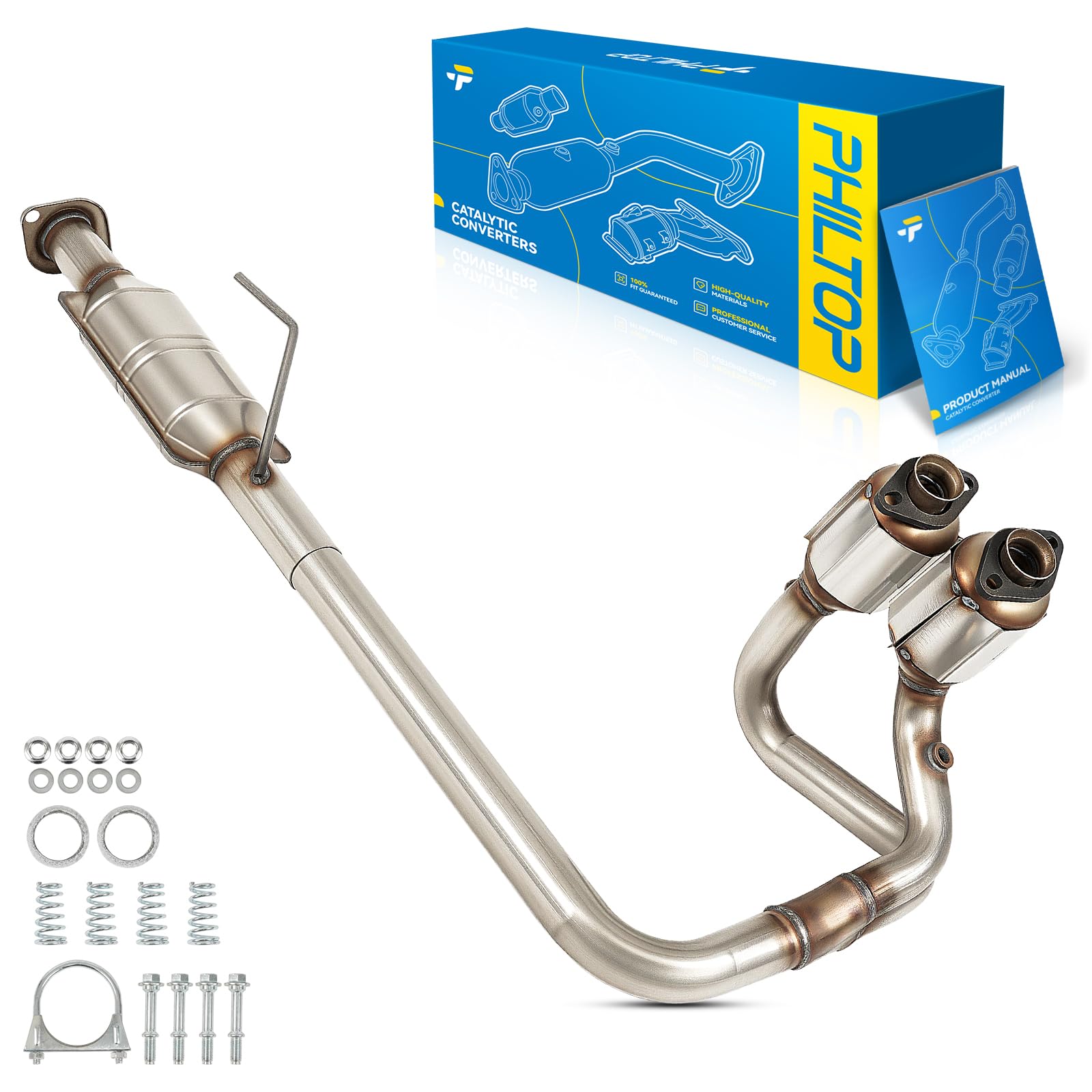 PHILTOP Front High FLow Stainless Steel Catalytic Converter Kit Fit For Jeep Wrangler 4.0L 2004-2006 Replace# 20379, 645174, 16312, 53529, 52059681AC,