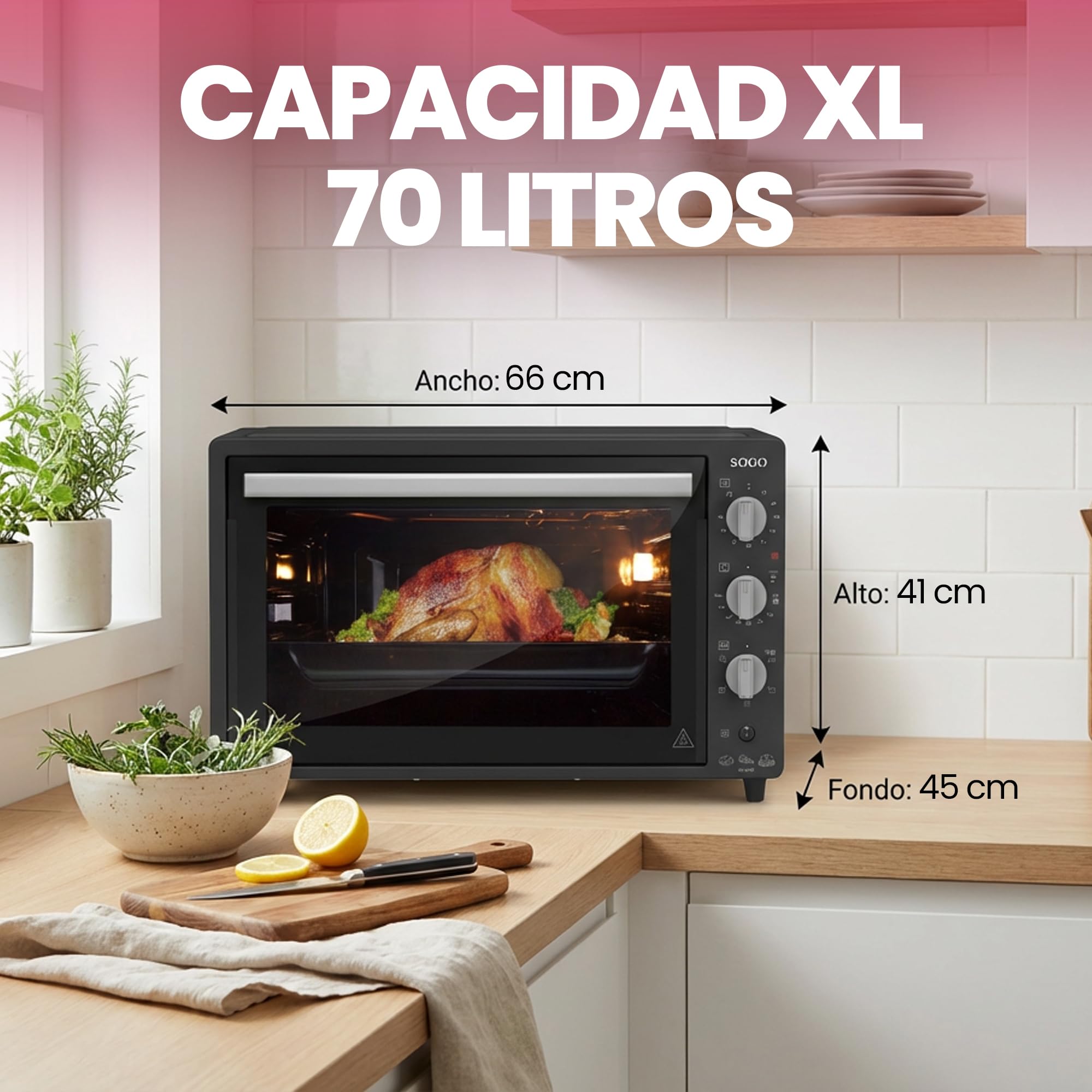 Sogo Horno Sobremesa de Convección 70L - Horno Eléctrico con Rustidor para Asados Jugosos - Horno Multifunción con Gratinador para Recetas Crocantes - Ideal para Cualquier Plato
