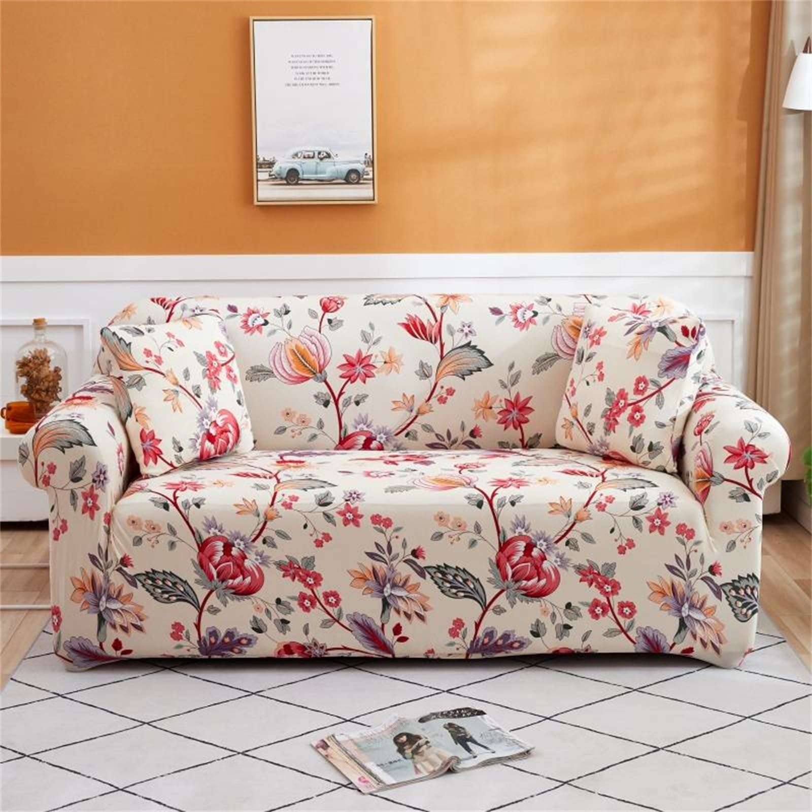 Fundas para Sofa Flores Rojas 3D Funda de Sofá Elástica para Sofá de 1/2/3/4 Plazas, Universal Funda Cubre Sofas Ajustables Protector Cubierta de Muebles