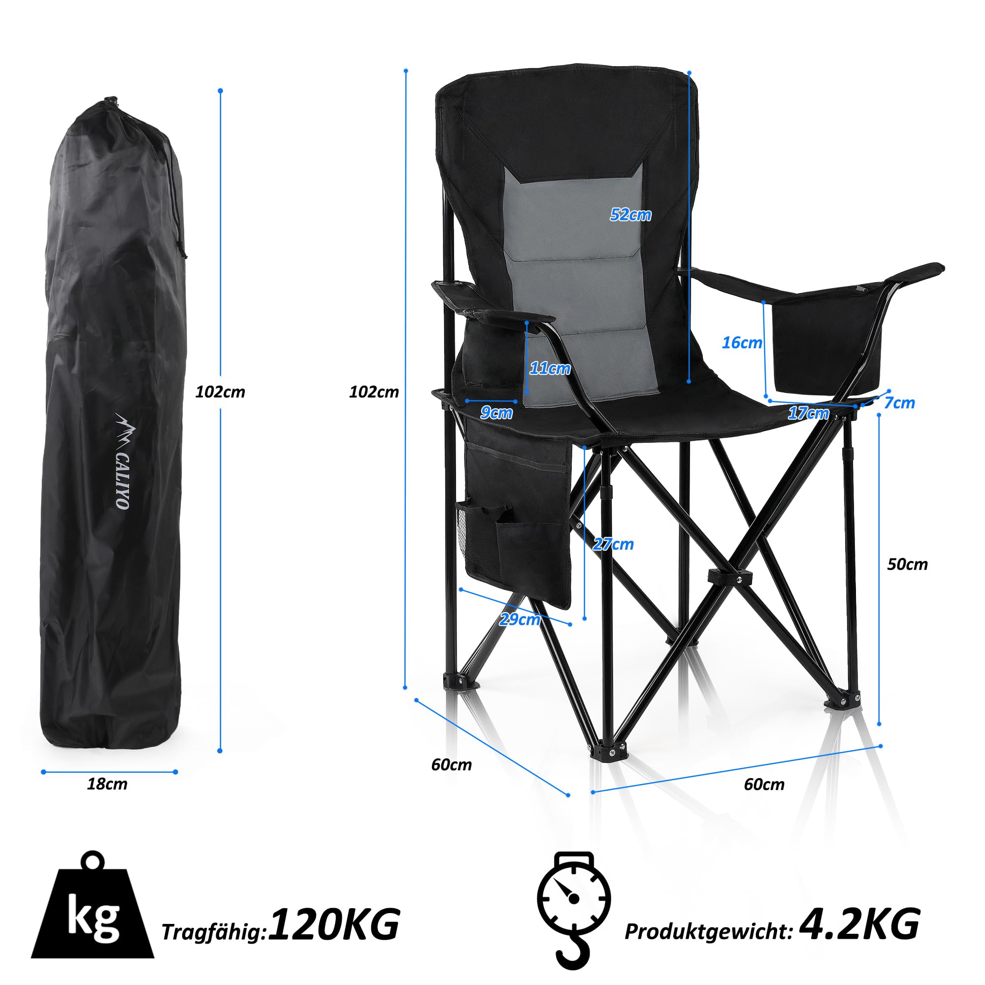 CALIYO Campingstuhl Faltbar klappstuhl Camping Stuhl Chair Sofa, Strandstuhl Faltbar Leicht Hoher Tragkraft von 120 kg, Angelstuhl Campingsessel Bequem für Reisen zu Hause und im Freien
