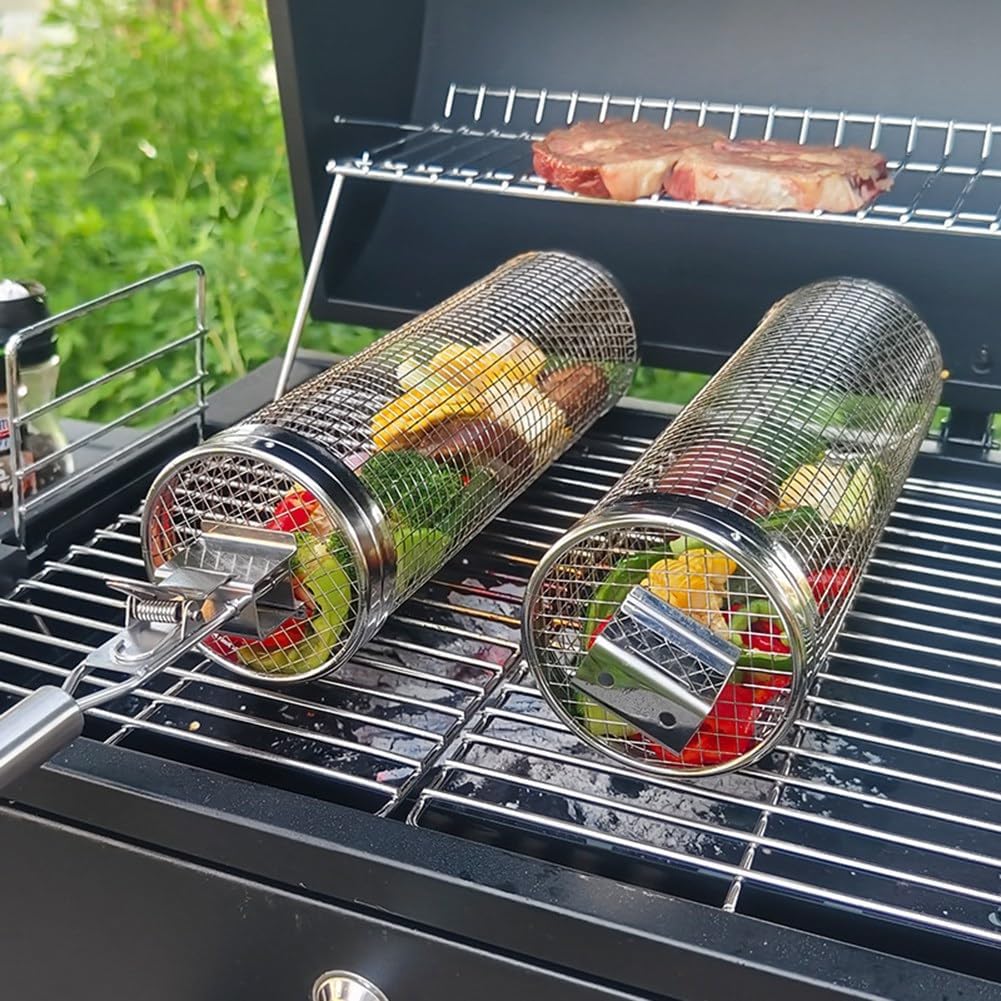 Barbecue Cage with Handle Barbecue,Stainless Steel Rolling Grill Barbecue Net Smoked Barbecue Round Grill Basket