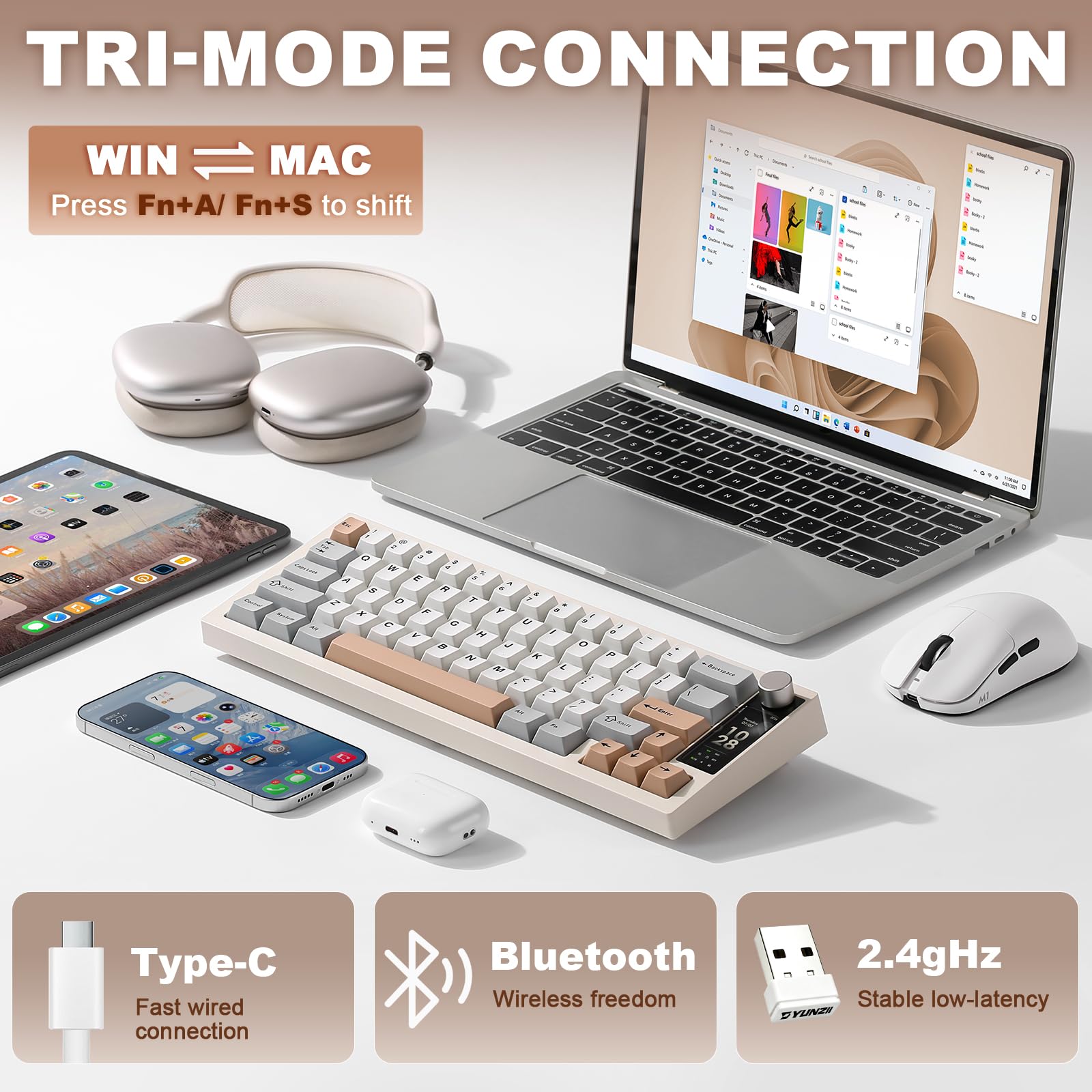 YUNZII IF68 QMK/Via Clavier Gamer Mécanique sans Fil (Beige, Candy) | Format 65% avec Écran TFT et Bouton Rotatif, Bluetooth/2.4G/Filaire, Hot-Swap, PBT, RGB, QWERTY, pour PC/Mac