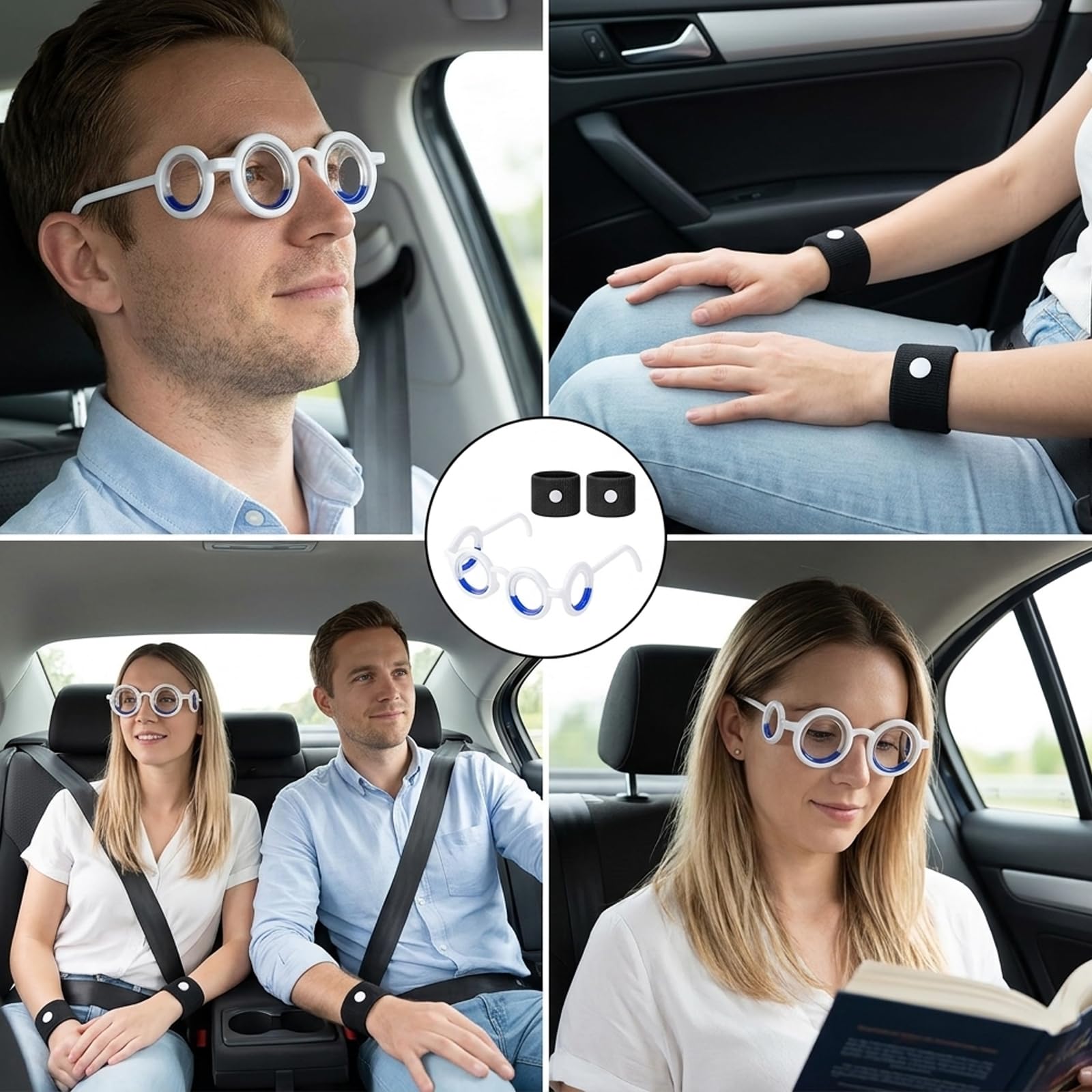 Brille Gegen Reiseübelkeit, 4-Teiliges Set Mit Trageetui Und Akupressurarmbändern, Ideal Für Autofahrten, Flugreisen Und Schifffahrten, Leichtes Design Für Langen