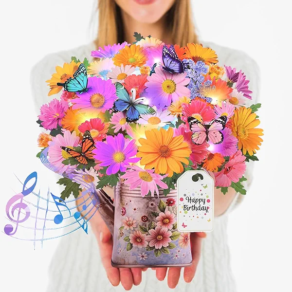 Birthday Cards with MUSIC &LIGHTS, Gerbera Daisy and Butterflies, 10 Inch Life Sized Forever Flower Bouquet 3D Pop Up Birthday Gift Card for Women Wife Mom Daughter Sister
