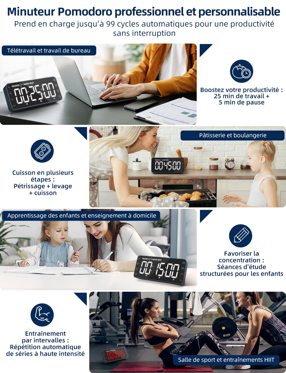 Minuteur Horloge Cuisine: 99h 59min 59sec Compte à rebours/Montant, Rechargeable, numérique par intervalle, LED 7,8'' Large, 3 luminosités, 5 alarmes, 4 volumes, magnétique (Bleu Marine)