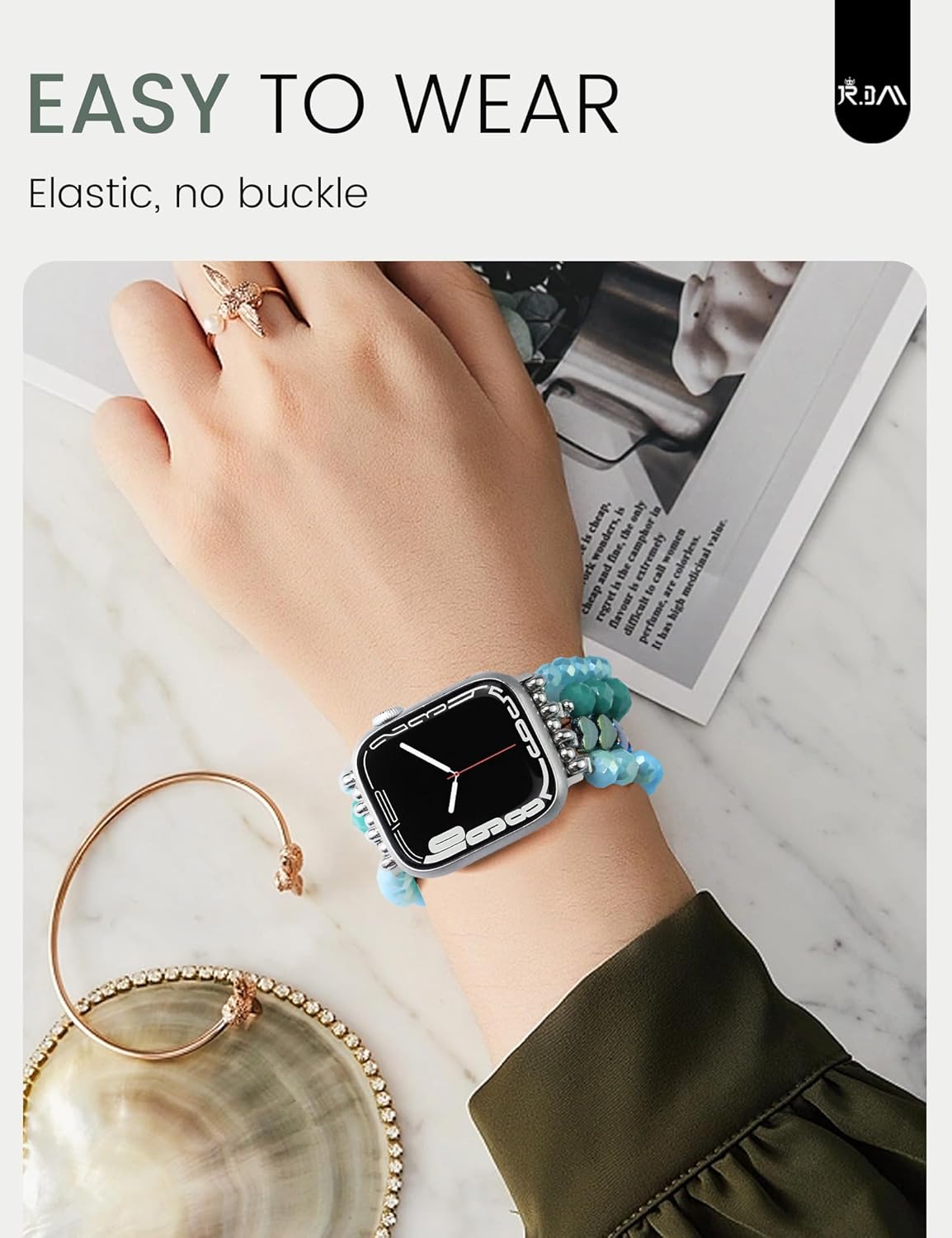 JR.DM Beaded Bracelet Band Women Compatible with Apple Watch 42mm(S3/2/1) 44/45/46/49mm Stretch Handmade Dressy Elastic Replacement Strap for iWatch Series 11/10/9/8/7/6/5/4/3/2/1/SE/Ultra, Green - Image 5