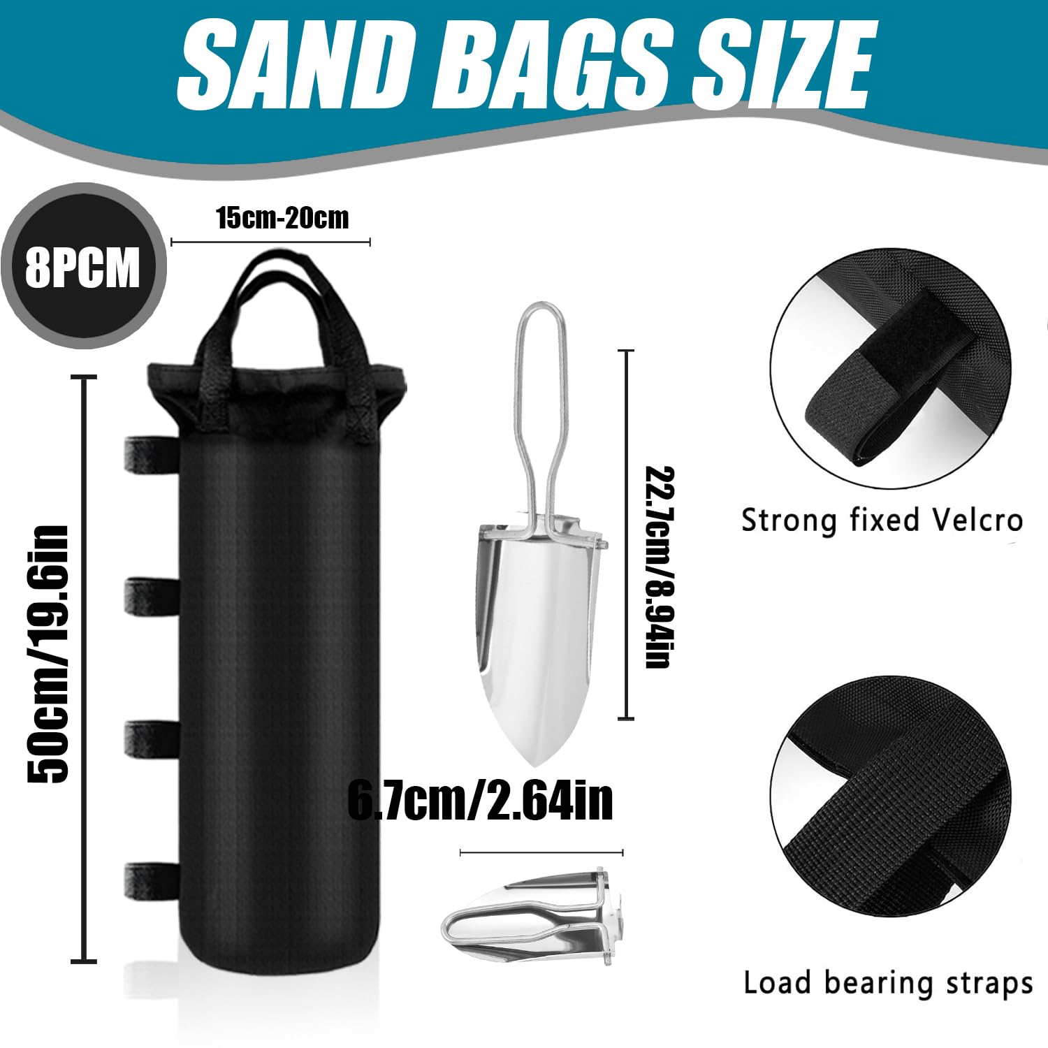 Pesos para Carpas Bolsa de Arena 8 Piezas Saco de Arena y Pala Plegable - 800D Tejido Espesado para Marquesinas Emergentes Tiendas de Campaña Pabellones Sombrillas