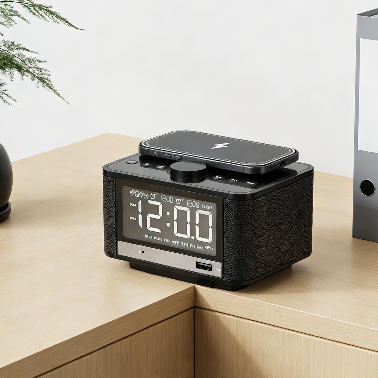 Goshyda Altavoz Bluetooth con Carga Inalámbrica, Radio Despertador para Dormitorios, Reloj Digital Regulable con Estación de Carga de Radio FM, Tarjeta de Memoria y Reproducción (Enchufe de la UE)