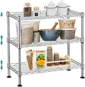 3 Tier Adjustable Wire Shelf, 3 Tier Metal Storage Shelves with Leveling Feet, Chrome Wire Rack Shelving Unit, 200Lbs Capacity, 8" D X 18" W X 18" H, for Kitchen, Pantry, Laundry, Basement