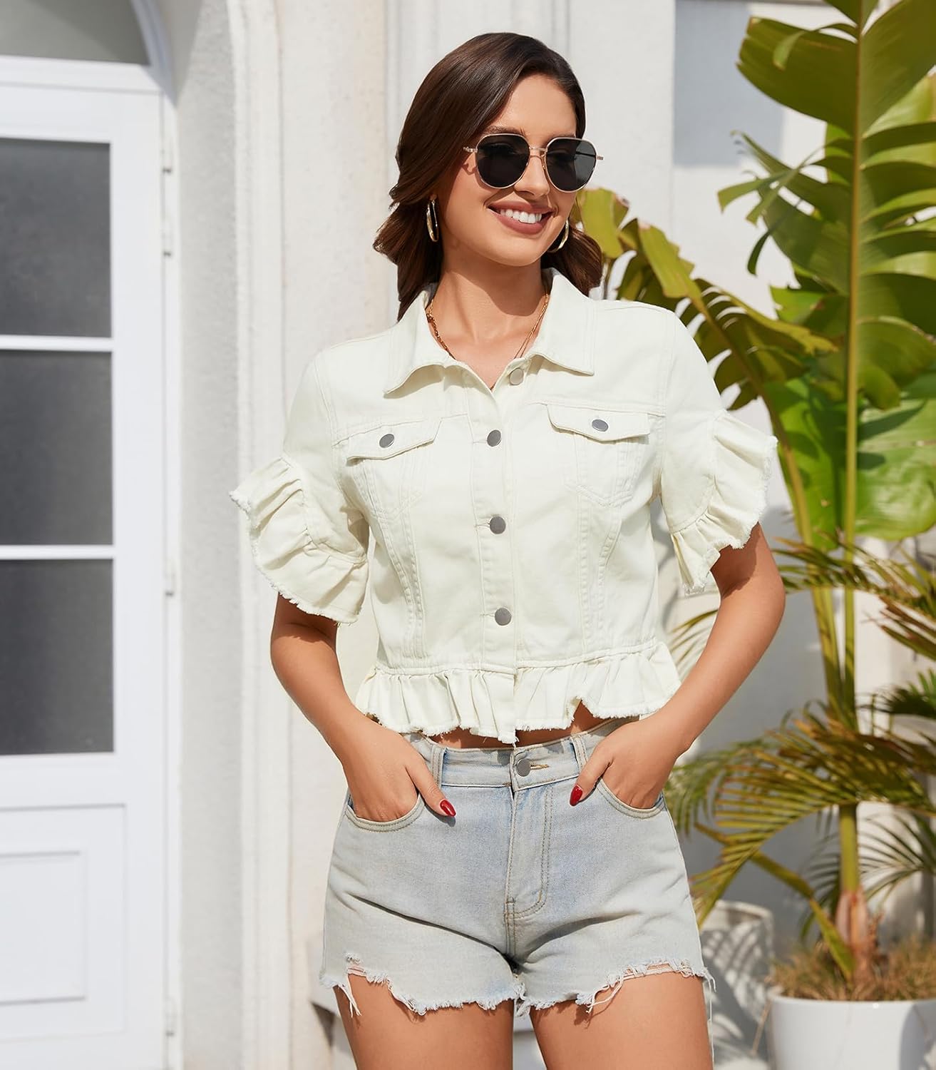 MISS MOLY Women's Denim Jacket Ruffle Sleeve Button Down Distressed Summer Cropped Jean Jackets