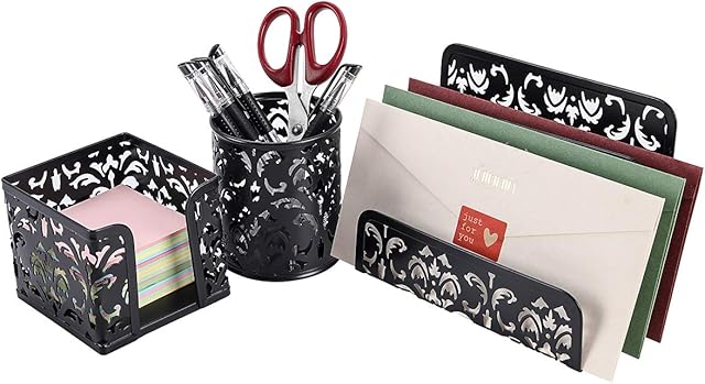 EasyPAG Office Desk Tidy 3 Piece Organiser Set - Pen Pot, Letter Sorter Rack,Memo Pad Holder,Black