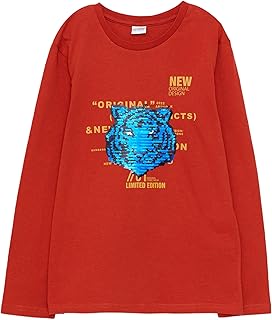 LC واكيكي تيشرت قطن باكمام طويلة ورقبة دائرية ضيقة مطبوع عليه ترتر للاولاد