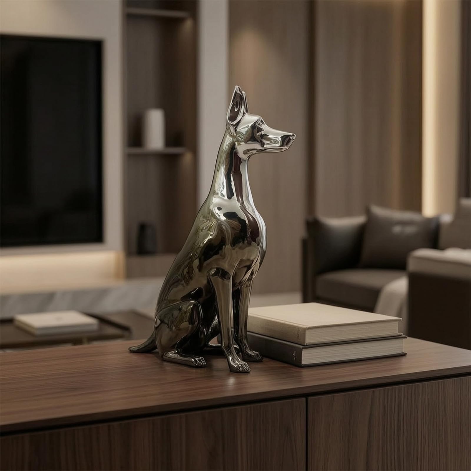 Statuetta Levriero Figurina Cane Scultura Decorazione Tavolo in Resina Finitura Brillante Superfici Luminose Salvaspazio Adatta per Mensole Consolle Mobile Tv Studio, Argento