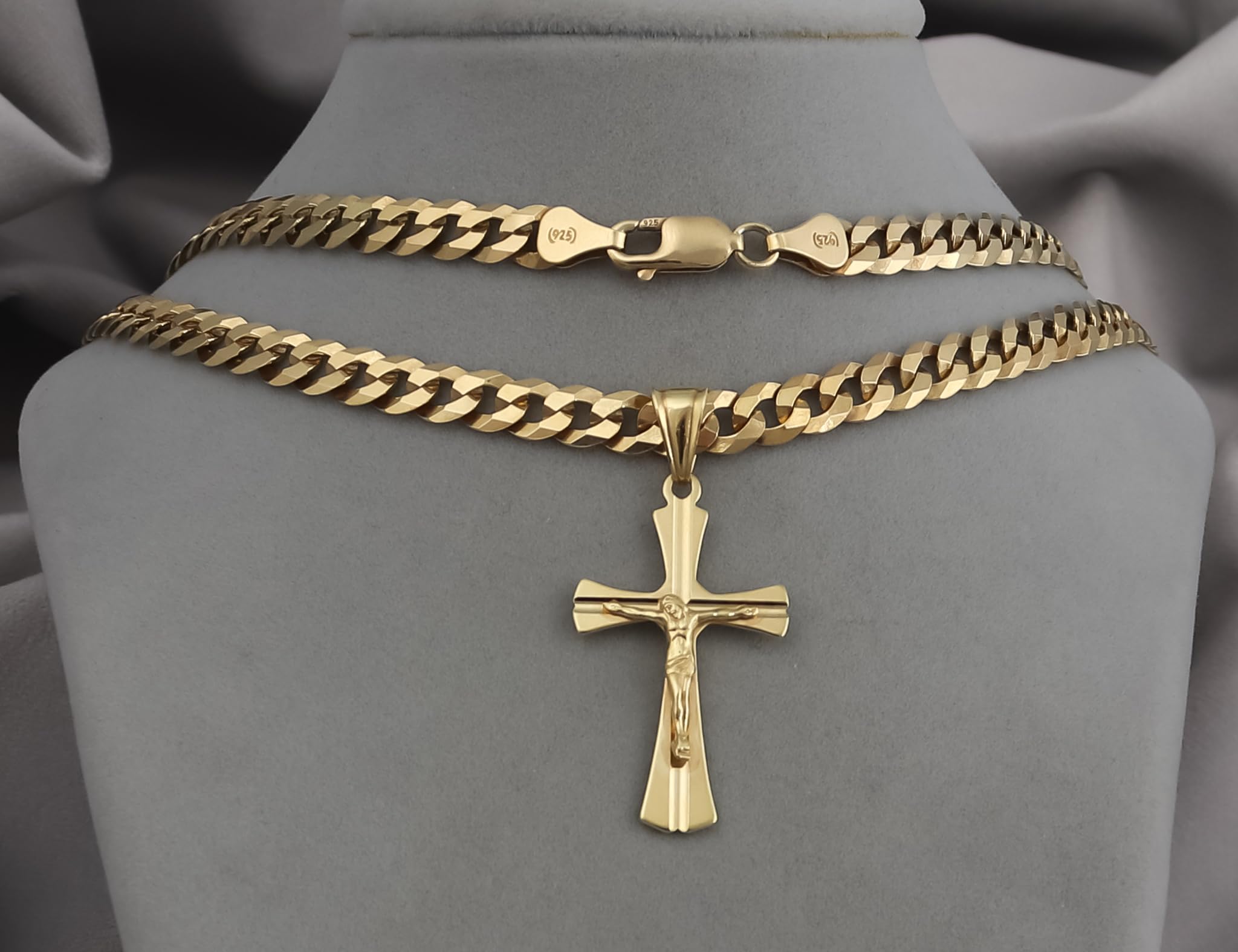 AMAR goldketten herren kreuz 585, Kette Herren 925/585 - goldkette 585 massiv Kreuzkette - Halskette, dicke 6,5 mm Panzerung, vergoldetes Silber