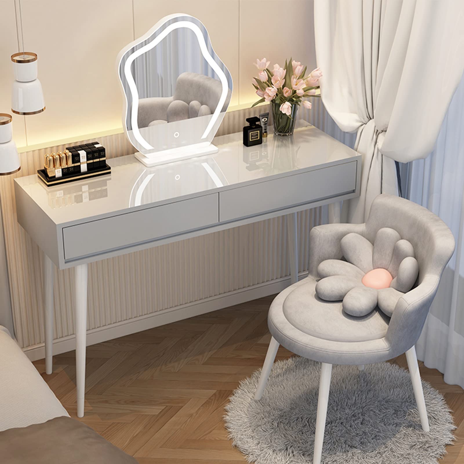 asdchZen Elegant Makeup Vanity Table With Led Lighted Mirror & Upholstered Stool, White & Grey Dressing Table For Bedroom, Spacious Drawers, 60Cm/23.6In,Grey B-120cm/47.2in