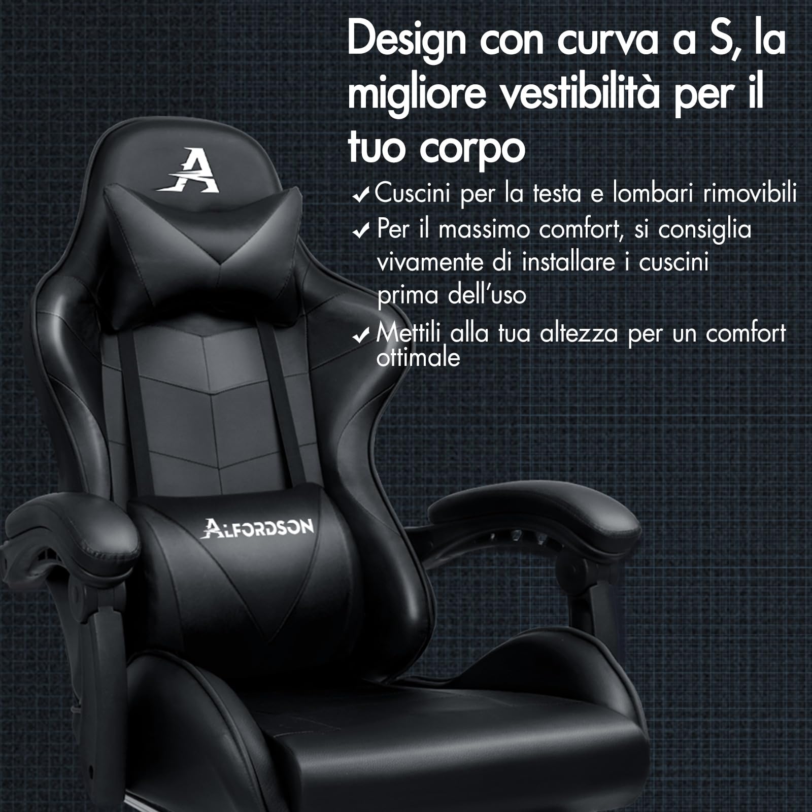 ALFORDSON Sedia Gaming Massaggiante, Sedia Professionale Gamer con Cuscino Lombare & Poggiatesta, Poltrona Ergonomica da Ufficio con Poggiapiedi, Regolabile 90-150°, Portata 180 kg, Similpelle(Nera)