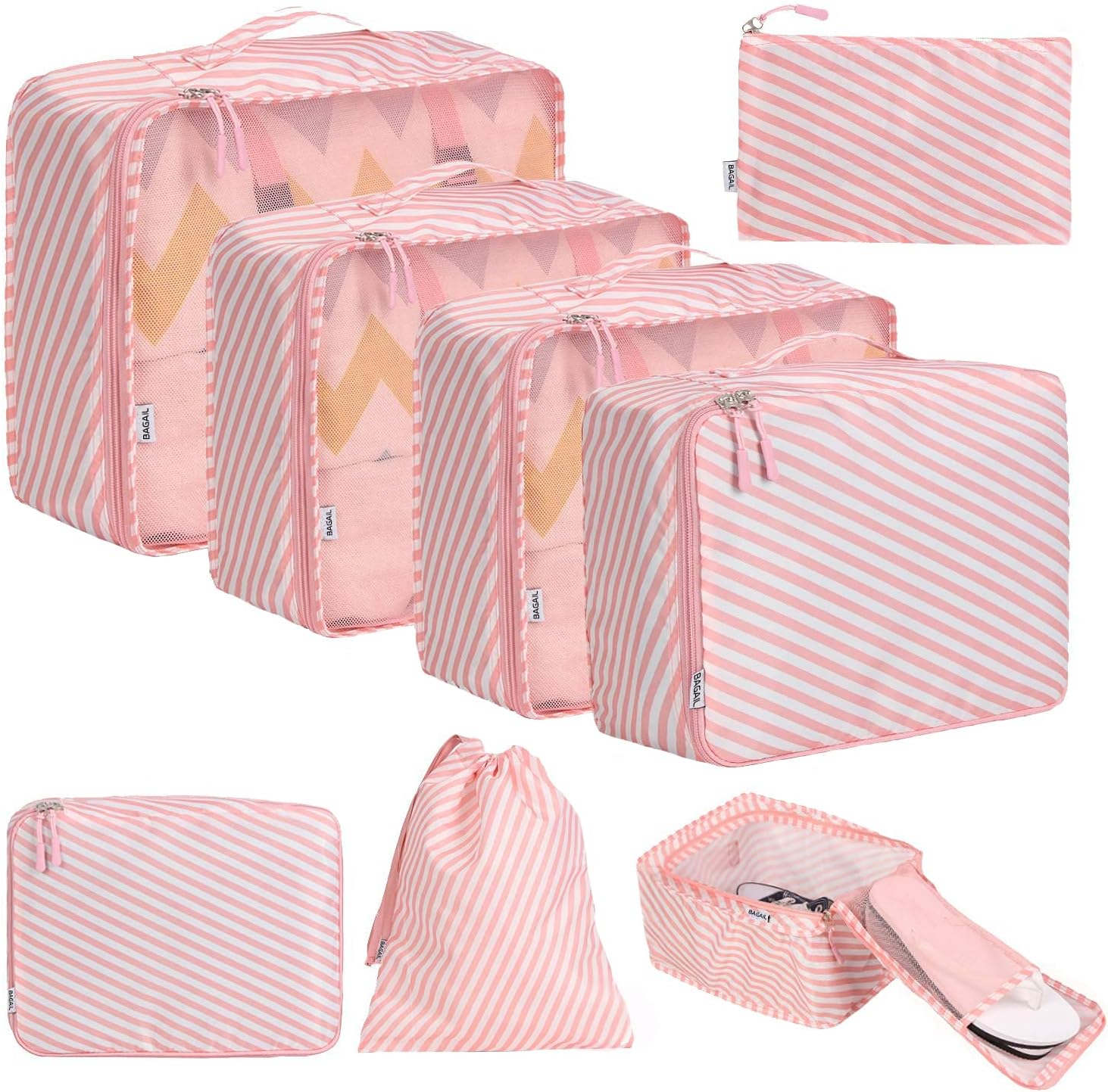 BAGAIL 8 Set Packing Cubes Luggage Packing Organizers for Travel Accessories, White and Pink Stripe, Small