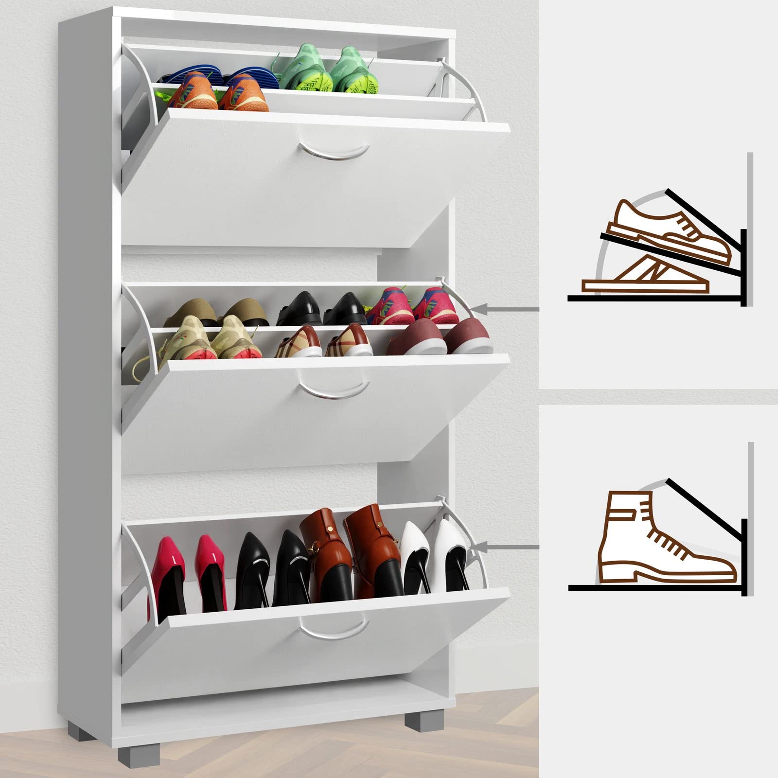 Casaria® Schuhschrank für 18 Paar Schuhe Schmal 115x60x25cm 3 Klappen Hoch Holz Geschlossen Kippsicherung Flur Diele Schuhkipper Schuhkommode Weiß