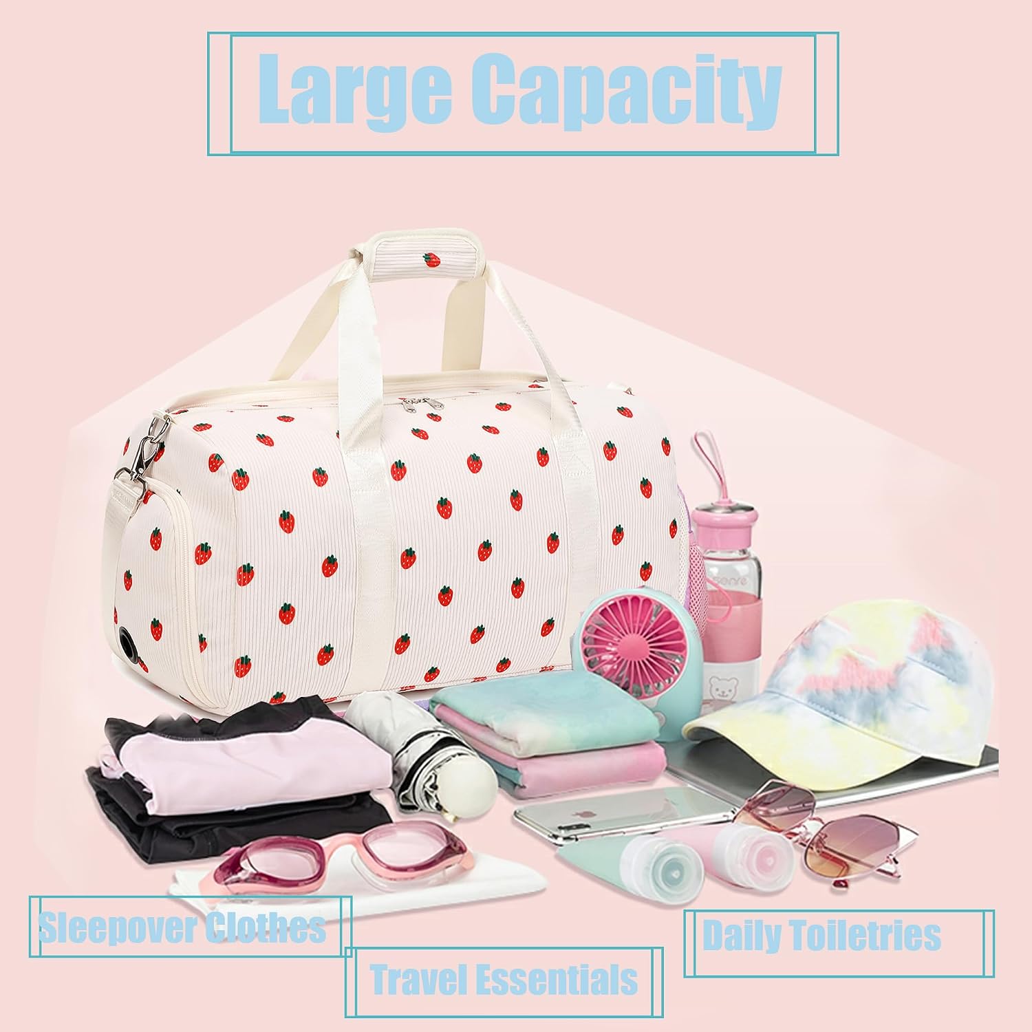 Jumpopack Dance Bag Girls Duffle Bag Gymnastics Bags for Girls Overnight Sleepover Bags with Shoe Compartment and Wet Pocket,Strawberry Shape Corduroy