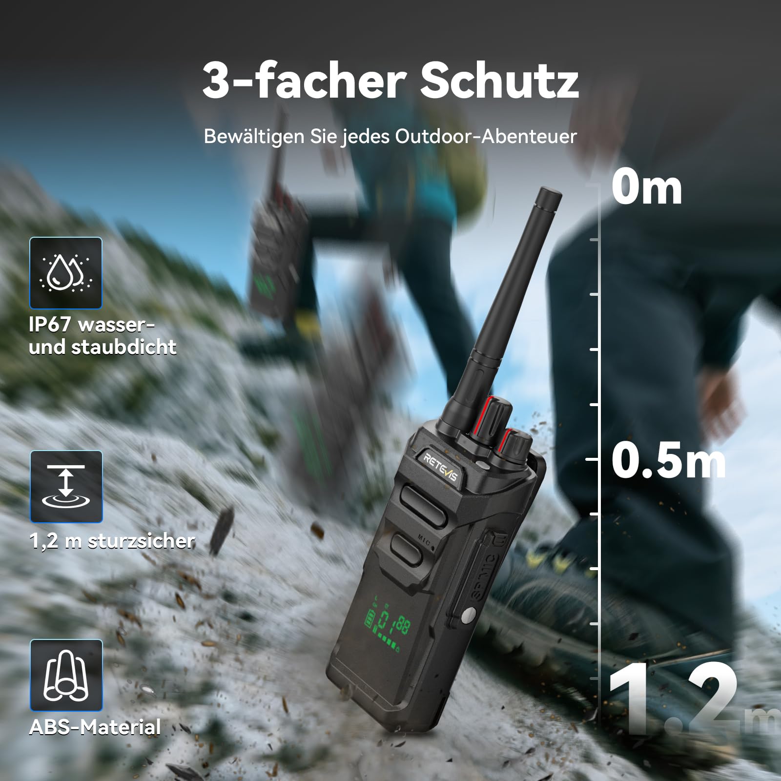 Retevis RT648H Funkgeräte IP67, 3-Fach Geschützt Funkgerät, Integriertes Display, Typ-C/Basisladung, 1500 mAh, Walkie Talkie mit Großer Reichweite für Logistik, Lager (2er-Pack)