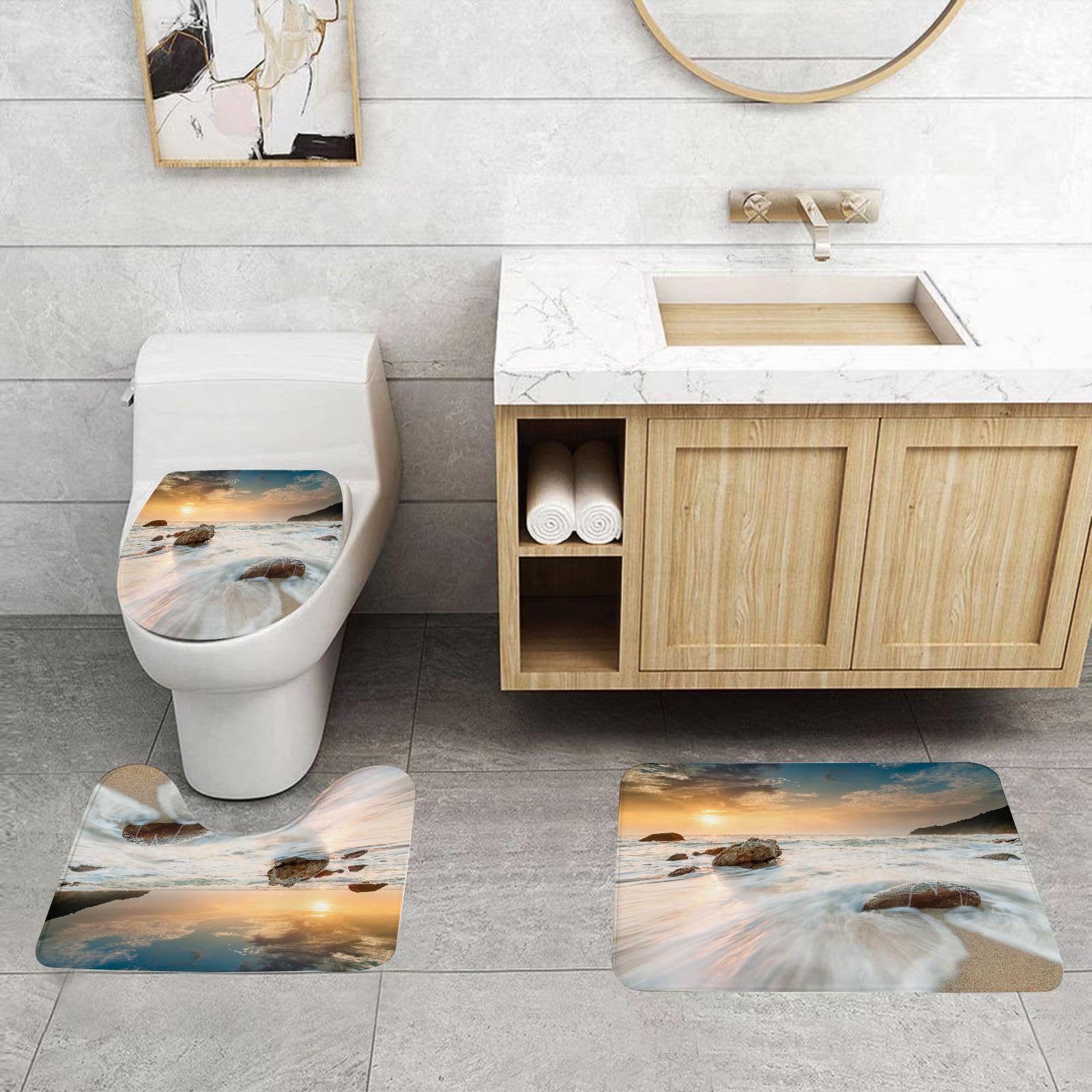 Set di 3 tappetini da Bagno, Lavabili in Lavatrice e Antiscivolo, tappetini in Morbida Fibra Superfine, Decorazioni a Tema Marino, Grandi Onde del Mare sulla Spiaggia e orizzontalm