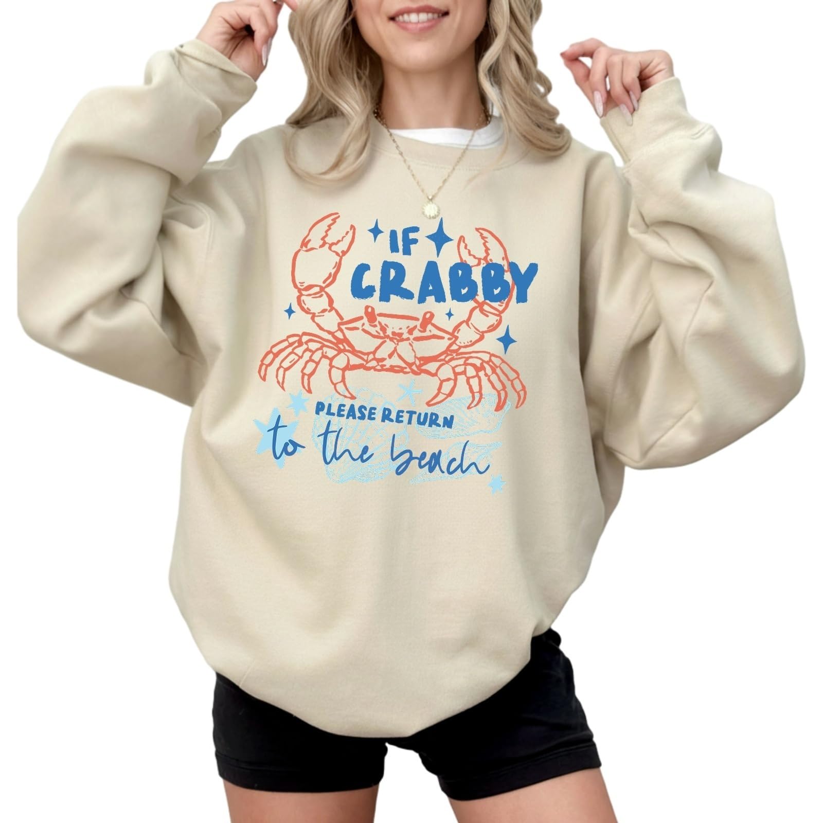 Ivexla Women's Beige Crab Graphic Sweatshirt Coastal Beach Vibes If Crabby Please Return Ocean Theme Seafood Lover Casual(,M)