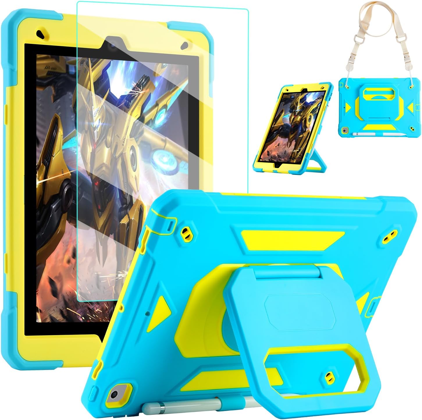 for iPad 9th/8th/7th Generation Case, iPad 10.2 Case 2021/2020/2019, Rugged Heavy Duty Shockproof Protective Kids Case with Screen Protector/360° Rotating Folding Stand/Pencil Holder/Shoulder Strap