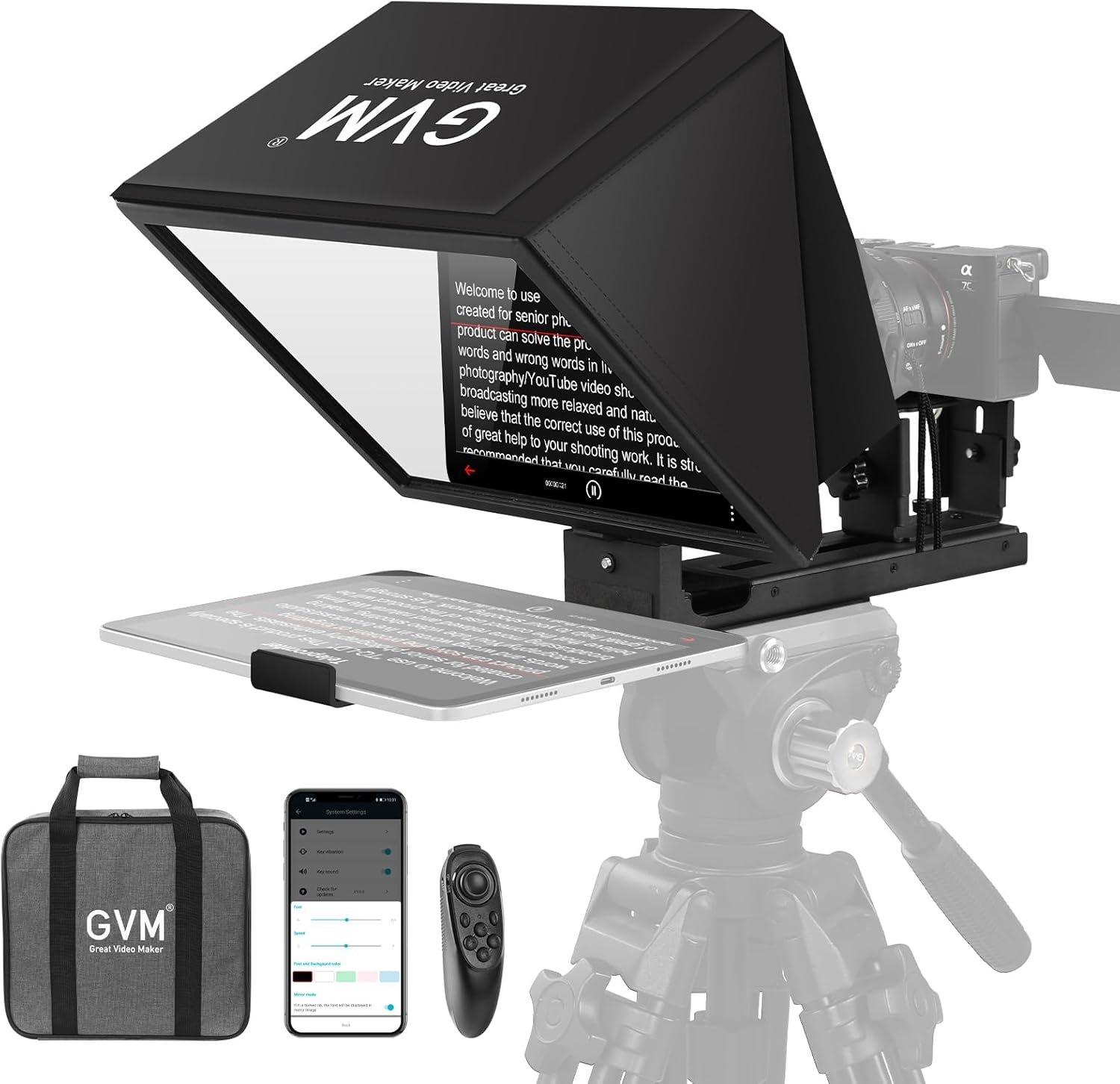 GVM 12" Teleprompter for iPad Tablet Phone DSLR Camera, Collapsible Teleprompter Kit with Installation Free Design, HD Refective Display, APP Remote Control, Carry Case, for Video Recording