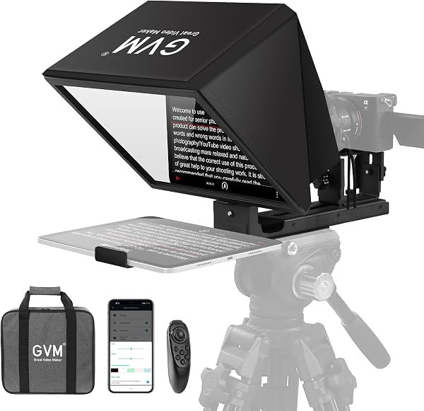 Teleprompter GVM de 12" para iPad, tablet, teléfono y cámara DSLR, kit plegable con diseño sin instalación, pantalla reflectiva HD, control remoto por APP, estuche de transporte, para grabación de video