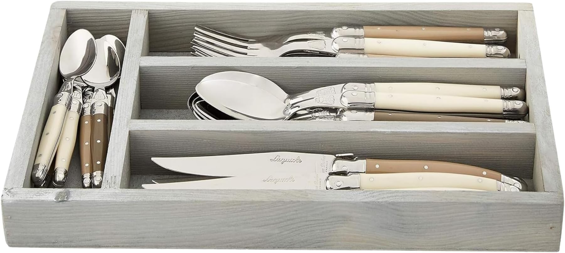 Laguiole 24-Piece Everyday Flatware Set, Linen Handles - Rust-Resistant Stainless Steel - Includes Wooden Tray - Made in France