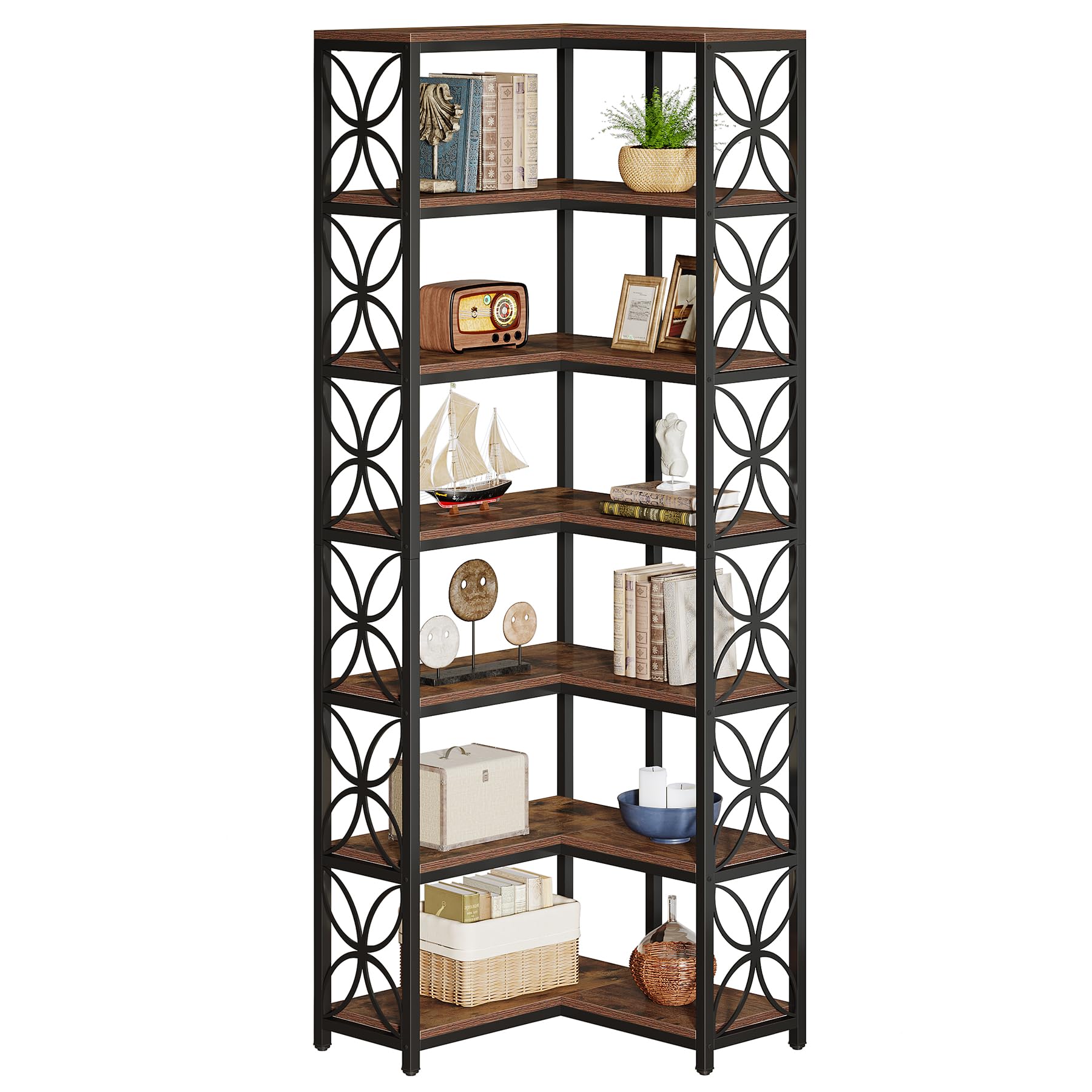 Tribesigns Libreria Angolare da 200 cm, Scaffale Angolare a Forma di L in Legno con 7 Ripiani, Stile Industriale, Angoliera Soggiorno per Soggiorno, Cucina, Ufficio, Marrone Rustico e Nero