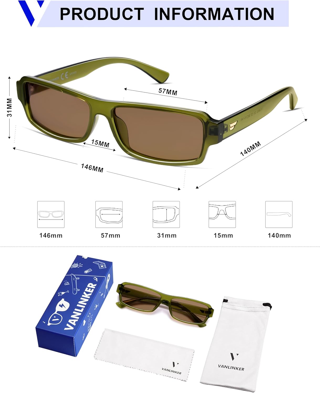 VANLINKER Retro Rectangle Polarized Sunglasses for Women Men Vintage 90s Small Trendy 2025 Sunnies VL9852 - Image 5