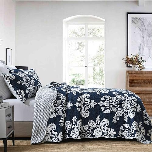 Vista 17 de Juego de edredón tamaño Queen, color azul marino, 100% algodón, colcha acolchada floral tamaño queen, juego de ropa de cama reversible de cachemira