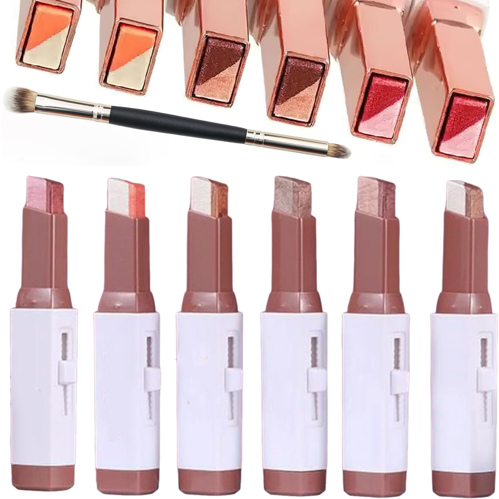 6 Color Eyeshadow Stick Set with Brush, 3Pcs Portable Two Tone Eyeshadow Gradient Stick Glitter Gradient Waterproof Eye shadow Pen Long-lasting Wear Smooth Texture for Eye Make Up Tool (Pink)