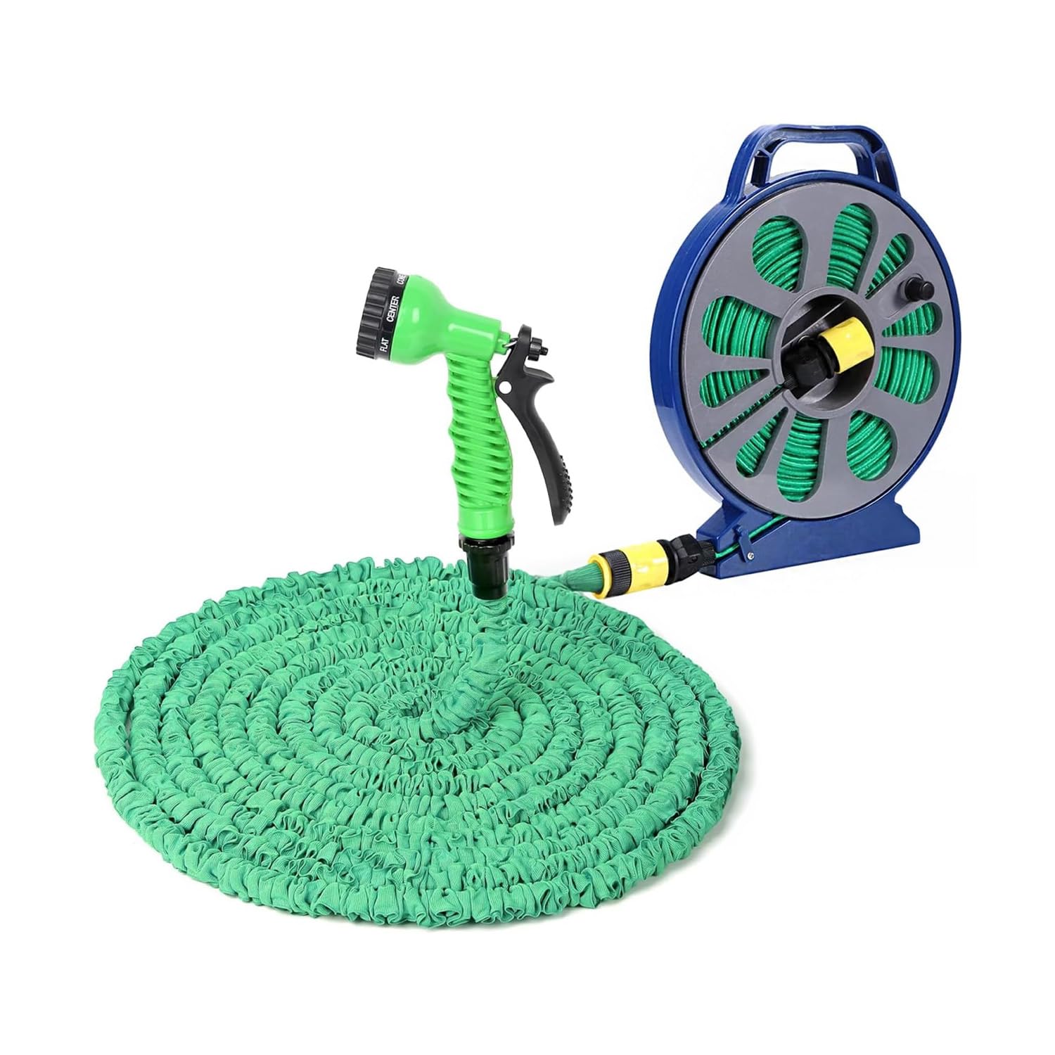 Ausziehbarer Gartenschlauch mit Multifunktionspistole, 7 Einstellungen und Spender, ideal für Bewässerung, Autowäsche und Bewässerung, mit Universalanschluss, 15 m