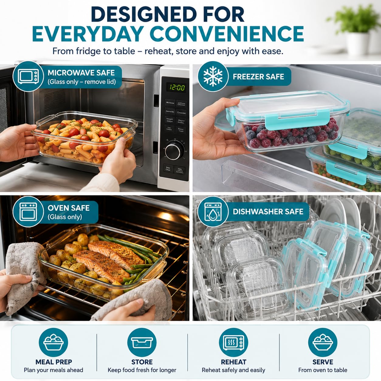 Confezione da 4 contenitori in vetro per la preparazione dei pasti con coperchio, 1040 ml, grandi contenitori per alimenti in vetro, ermetici, senza BPA, adatti a microonde, congelatore e
